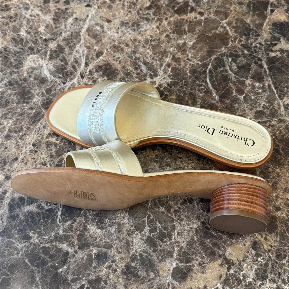 Christian Dior dway slides pale gold logo sandals block heel sz 39 - Picture 5 of 10
